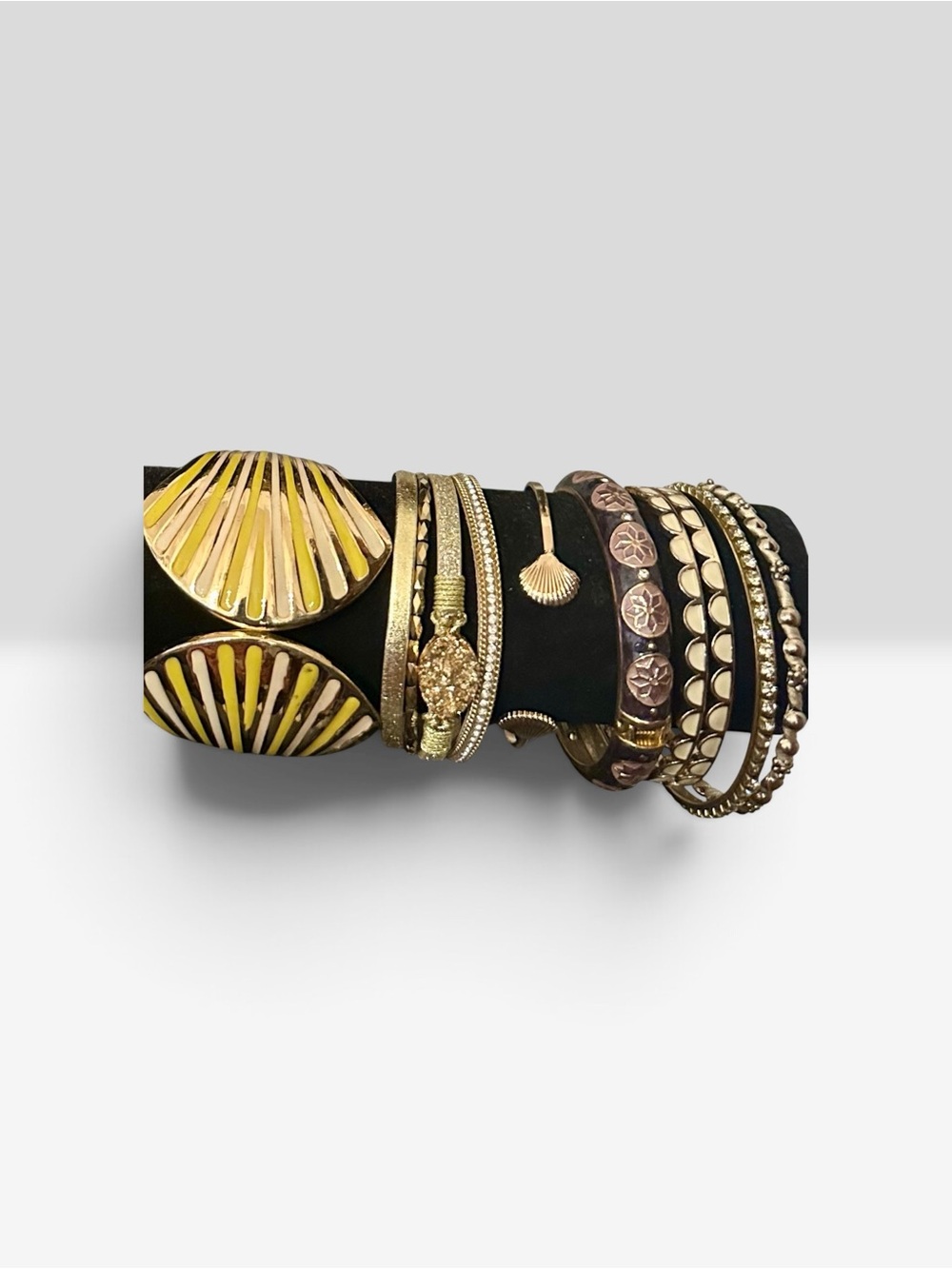 Boho Gold Curated Bracelet Stack Set Enamel Shell Textured Beaded 8PC